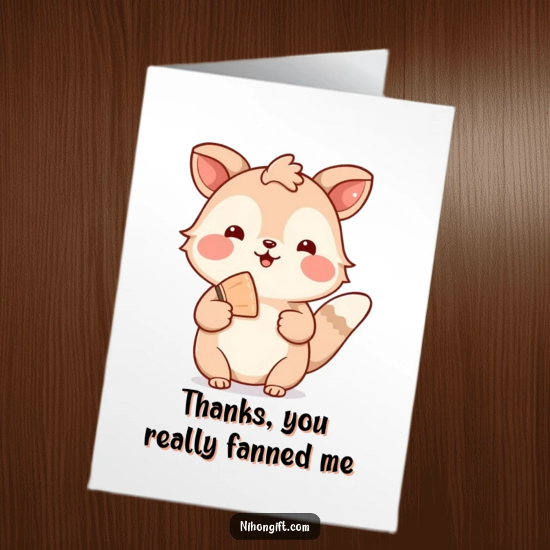 Funny free printable thank you card of an animal making a welcoming gesture with a small, decorative fan, a stylish way to say thanks.