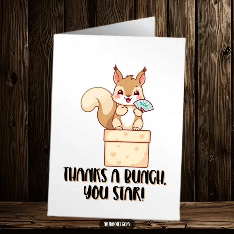 Free Printable Thank You Card: A happy squirrel sits on a gift box, holding a tiny fan, perfect for cute thank you notes.