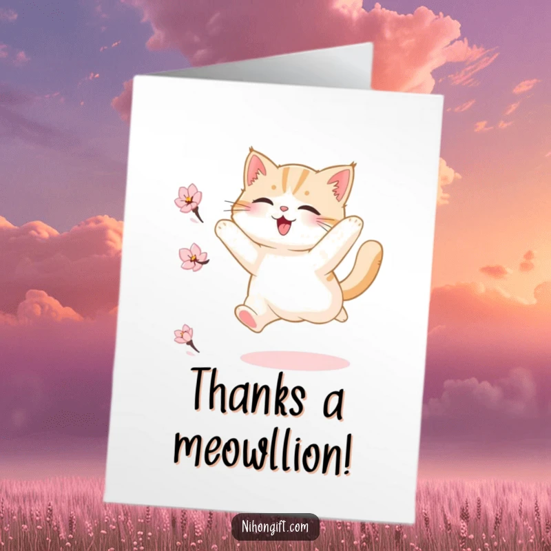 Funny Free Printable Thank You Card: Fluffy cat joyfully leaps after a floating cherry blossom petal, a sweet gesture of thanks.