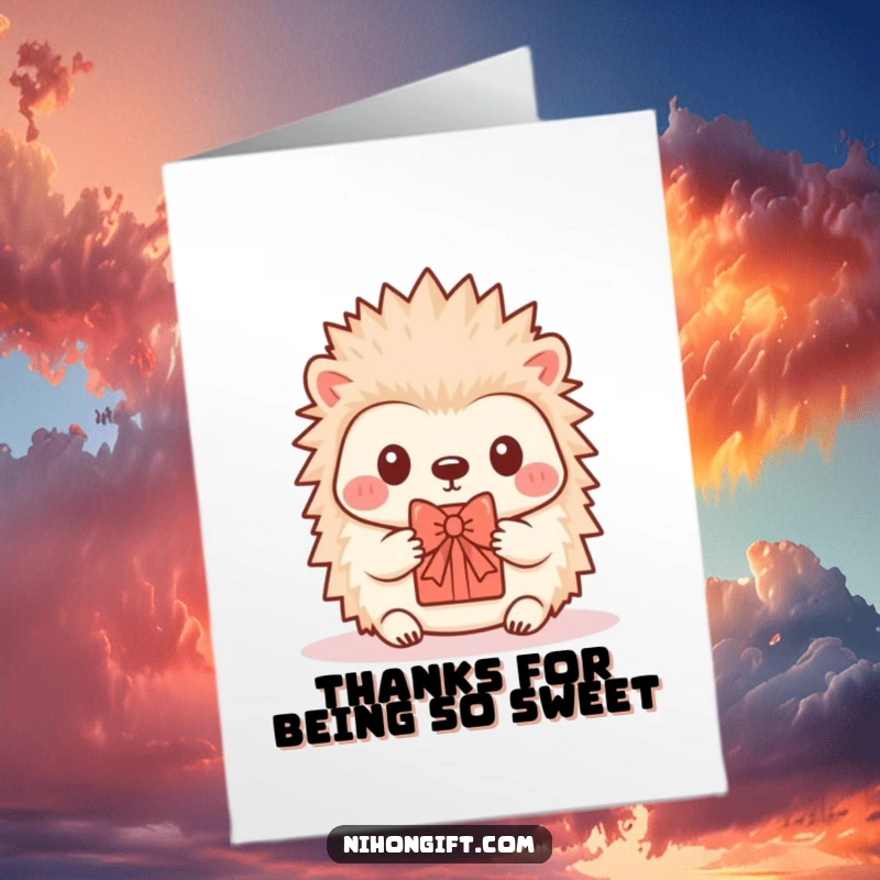 Funny free printable thank you card featuring a kawaii hedgehog offering a tiny, decorative gift with a bow, expressing heartfelt thanks.