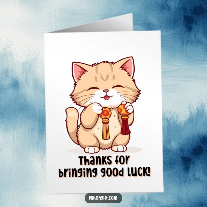 Funny Free Printable Cat Thank You Card: A playful cat bats at a dangling lucky charm, sending thanks with a touch of luck.