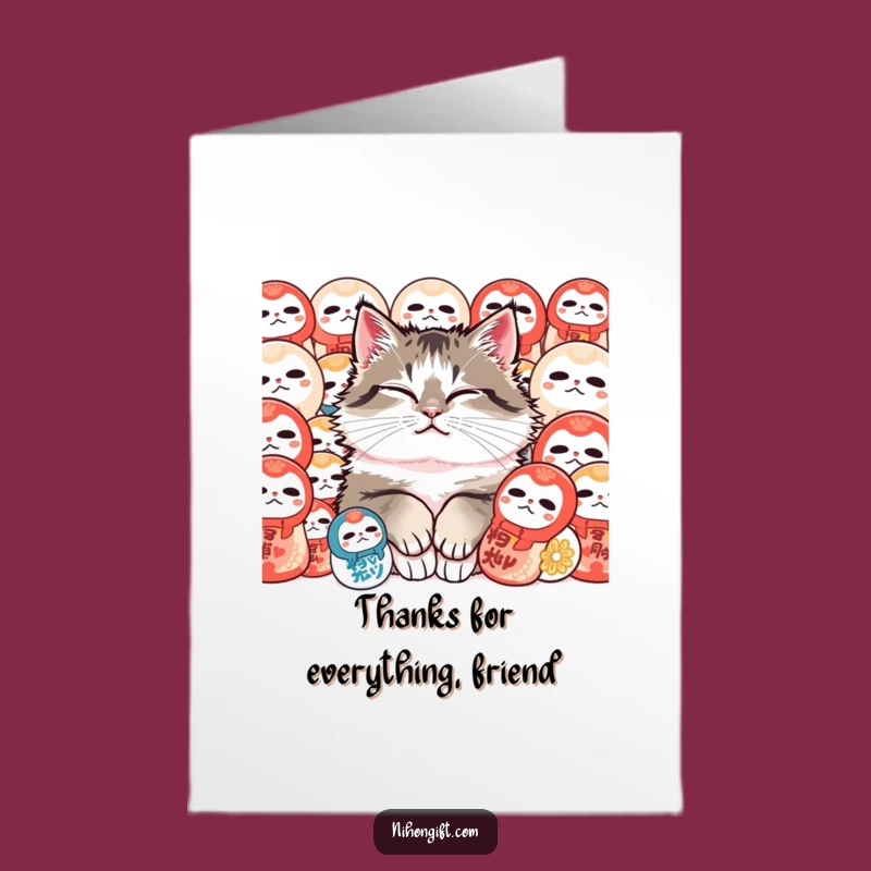 Free Printable Thank You Card: Cat & Daruma Dolls, Downloadable
