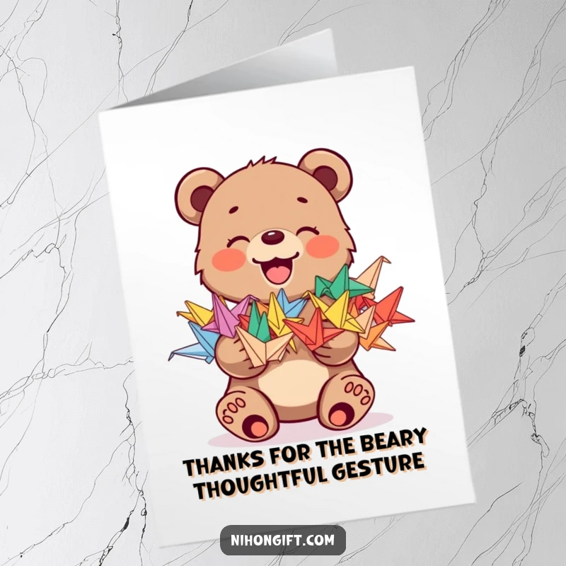 Funny Free Printable Bear Thank You Card: Joyful bear cub holding a stack of colorful origami cranes, conveying thanks.