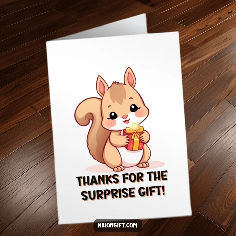 Funny free printable thank you card with a kawaii squirrel hiding a small, shiny gift behind its back, expressing gratitude playfully.
