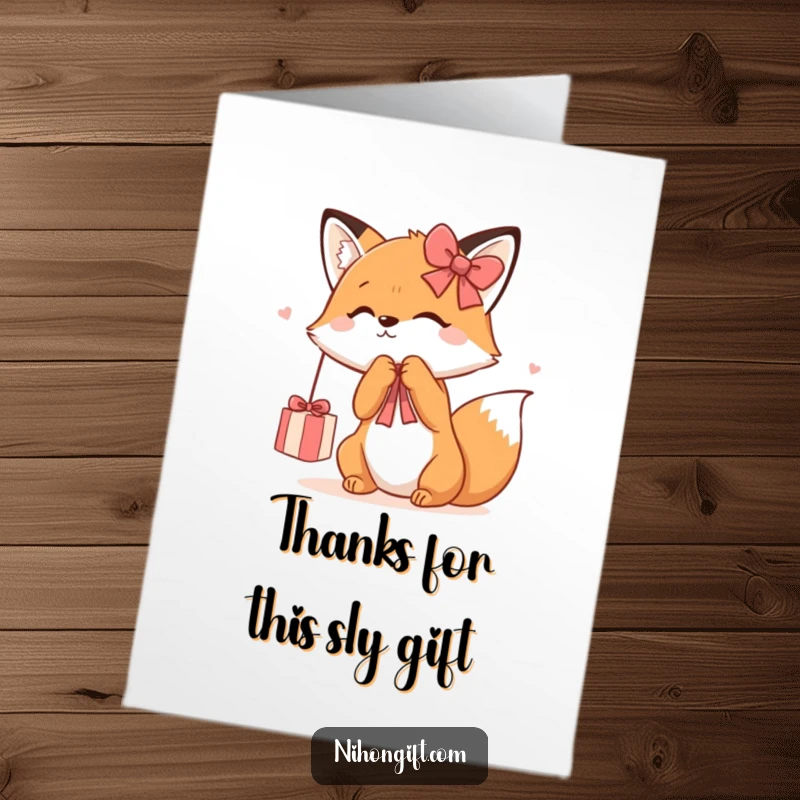Funny free printable thank you card: A kawaii fox playfully batting at a shimmering gift ribbon, expressing thanks with a mischievous grin.