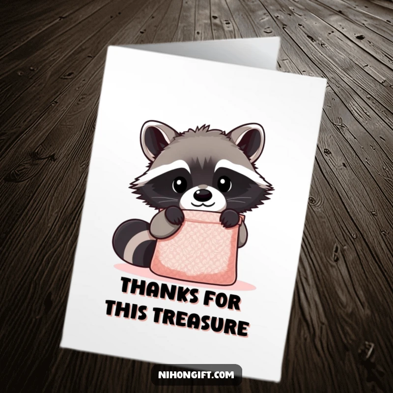 Funny free printable thank you card: A kawaii raccoon peering curiously into a shimmering gift bag, expressing thanks with a mischievous glint.