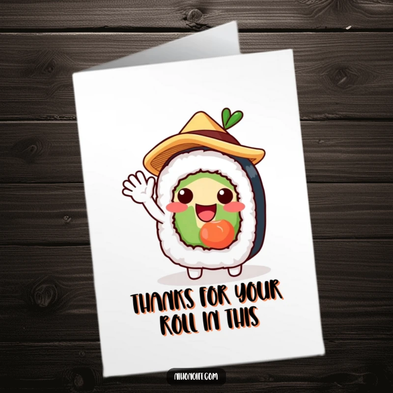 Free Printable Thank You Card: A sushi roll character wearing a straw hat waves enthusiastically, conveying thanks with a smile.