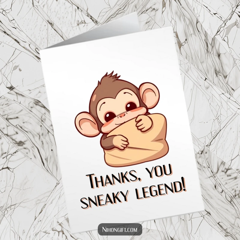 Funny Free Printable Thank You Card: A mischievous monkey peeks playfully from behind a gift, offering a fun thank you surprise.
