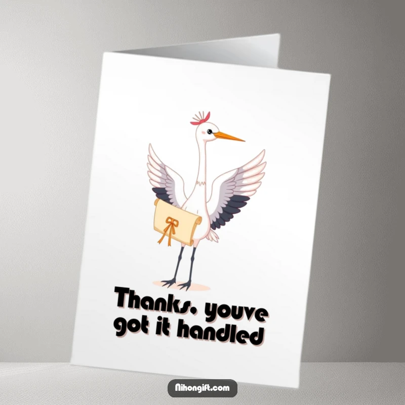 Free Printable Thank You Card: A serene crane holds a delicately tied scroll, expressing elegant gratitude and appreciation.