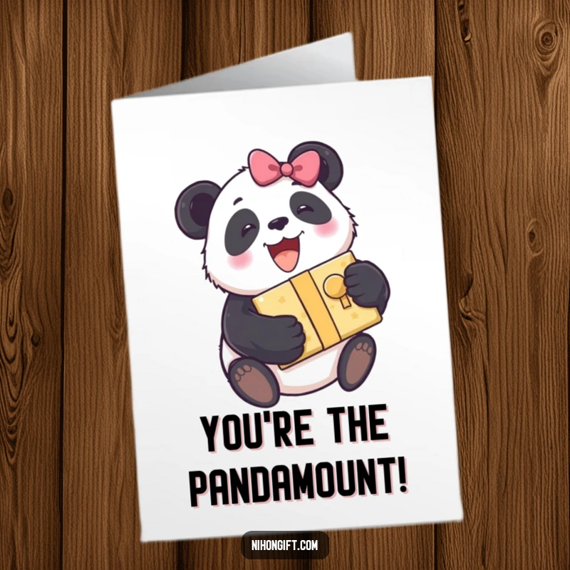 Funny Free Printable Thank You Card: Panda excitedly embraces a gift, a symbol of happy gratitude.