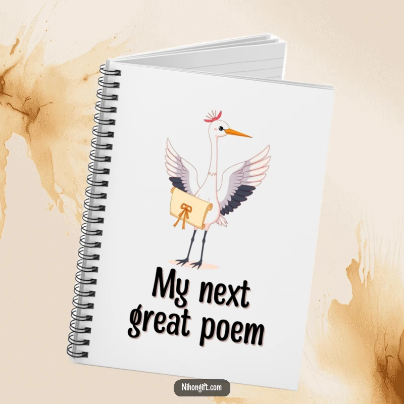Notebook featuring a graceful crane holding a delicate scroll, perfect for capturing ideas with artistic flair.