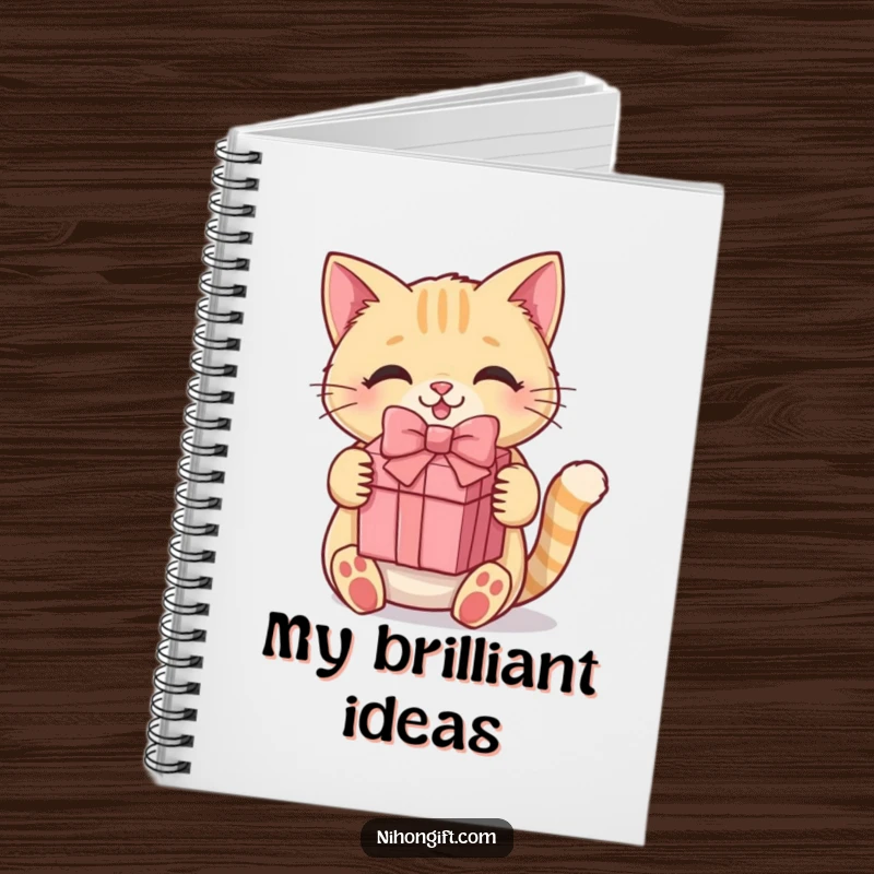 Funny kawaii cat notebook with a charming cover of a happy kitten holding a gift box, perfect for writing.