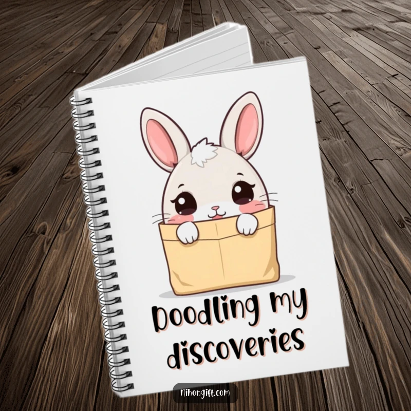 Funny bunny notebook cover featuring a cute character peeking curiously into a paper bag, ideal for note-taking.