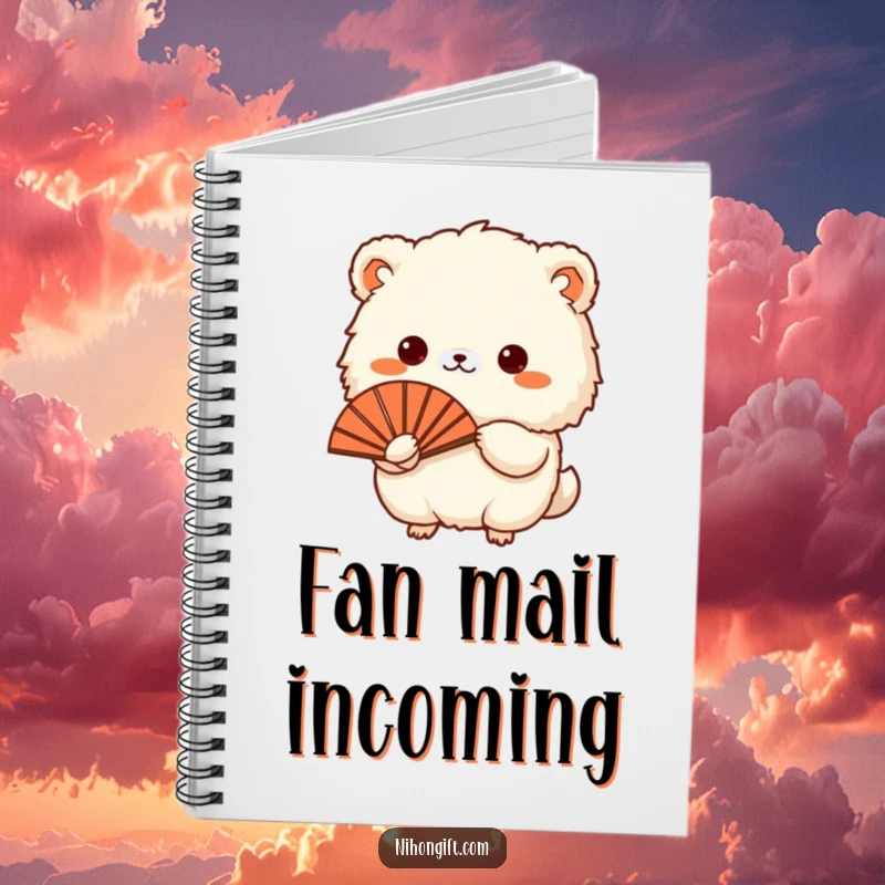 Funny notebook with a small, fluffy animal presenting a traditional Japanese fan, great for notes and sketches.