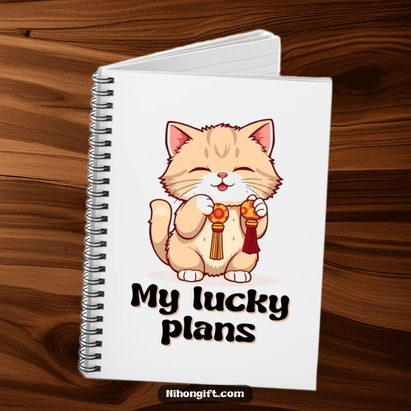 Funny cat notebook with a fluffy cat batting at a dangling lucky charm, perfect for notes.
