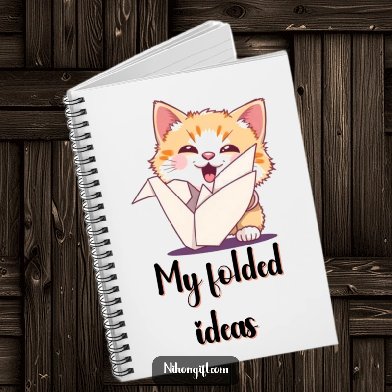 Funny cat notebook with an ecstatic fluffy cat peeking from behind an origami crane, perfect for notes.