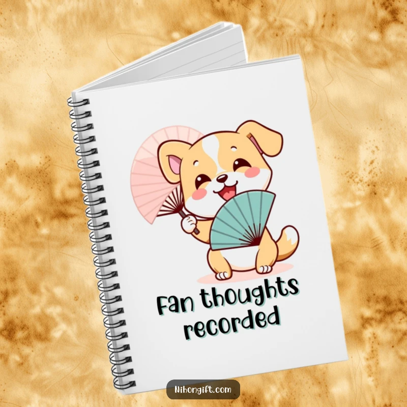Funny Dog Fan Notebook: Smiling dog character waving a Japanese fan, perfect for jotting down ideas.