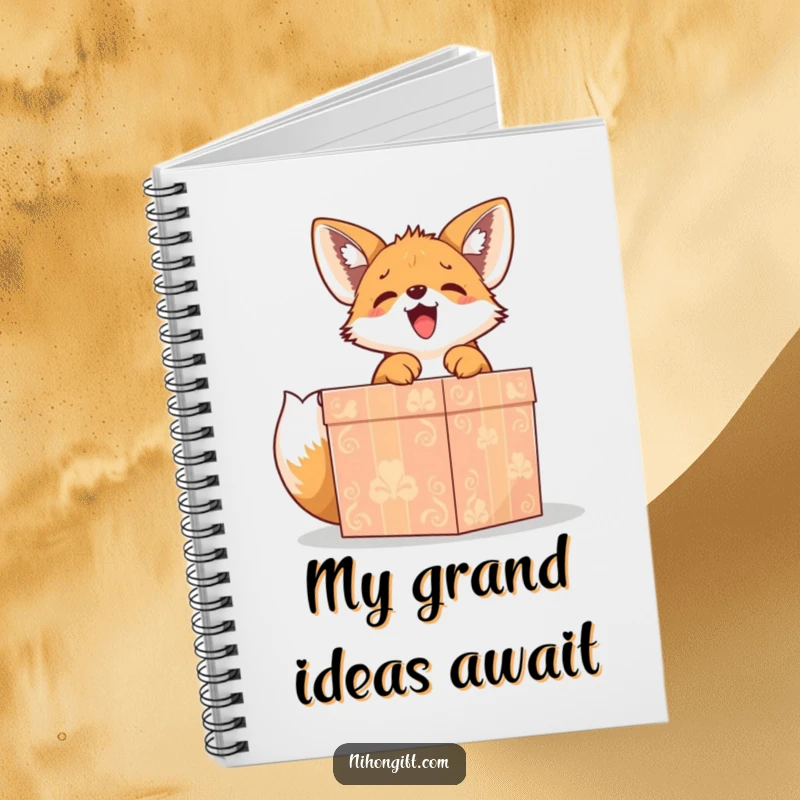 Funny cute fox puppy gleefully unwrapping a large, ornate gift box on a notebook, great for notes and gifts.