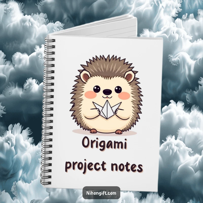 Funny hedgehog proudly presenting a tiny origami crane, ready for notes in this cute and functional notebook.