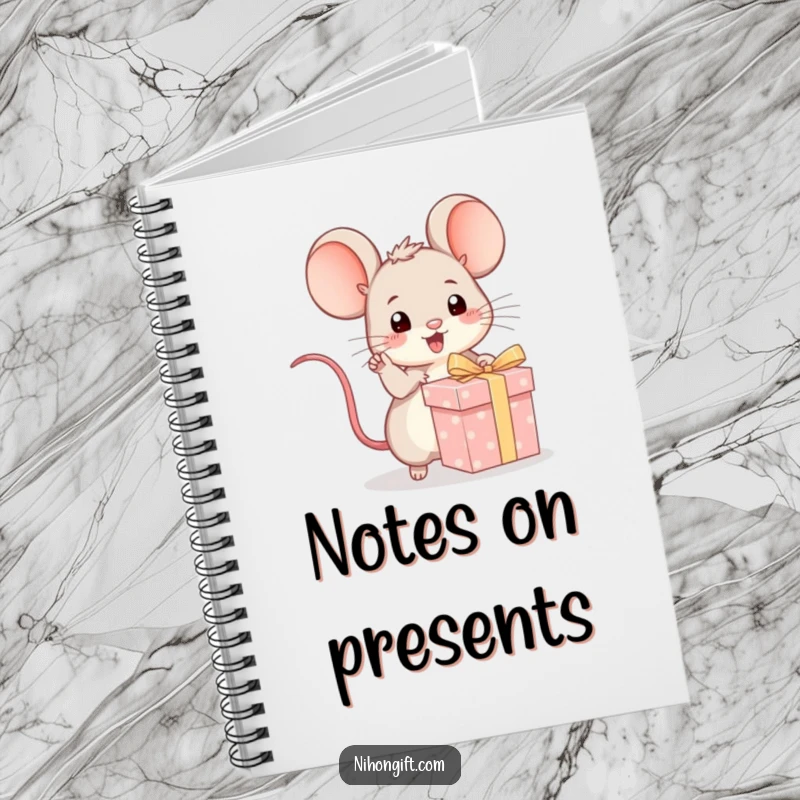 Funny kawaii mouse excitedly pointing at a wrapped gift on a notebook, inspiring exciting notes and creative planning.