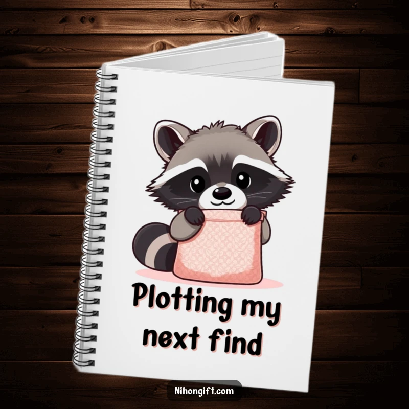 Funny Kawaii Raccoon Notebook depicting a cute raccoon peering curiously into a shimmering gift bag, perfect for jotting down curious thoughts.