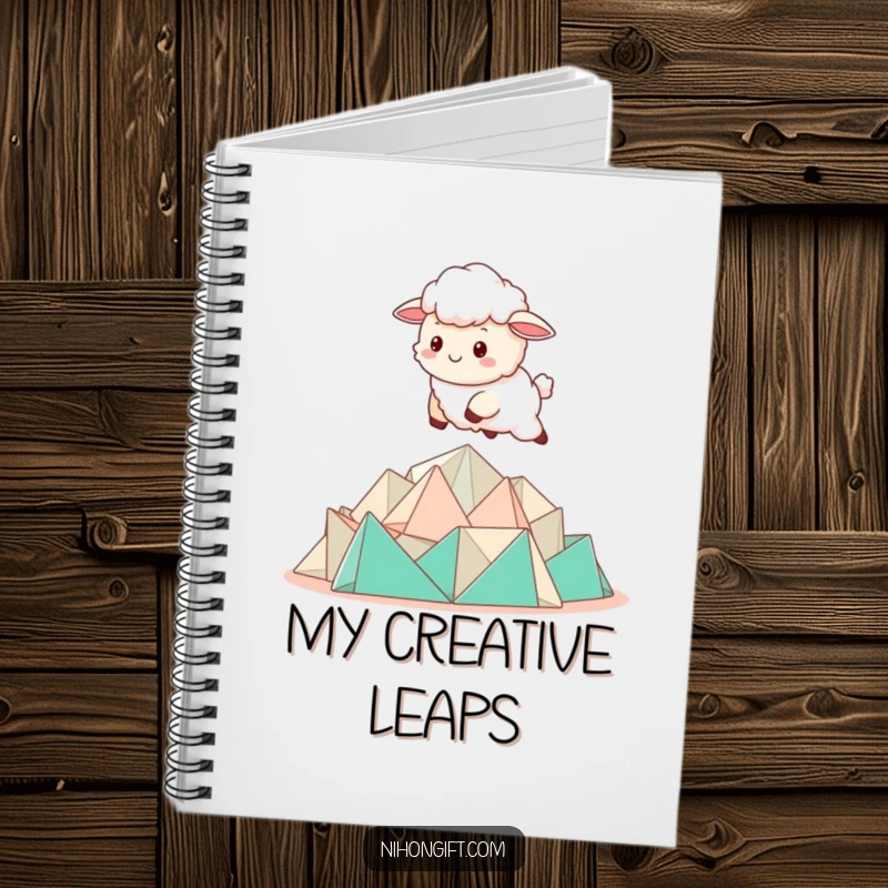 Funny Kawaii Sheep Notebook with a sheep bounding over a pile of folded origami.