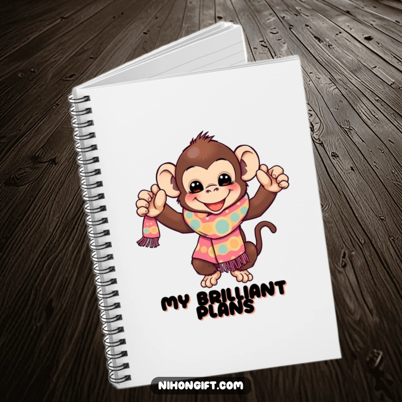 Funny Monkey Notebook: A playful monkey joyfully presents a vibrant, patterned scarf, ideal for notes, journaling, and creative ideas.