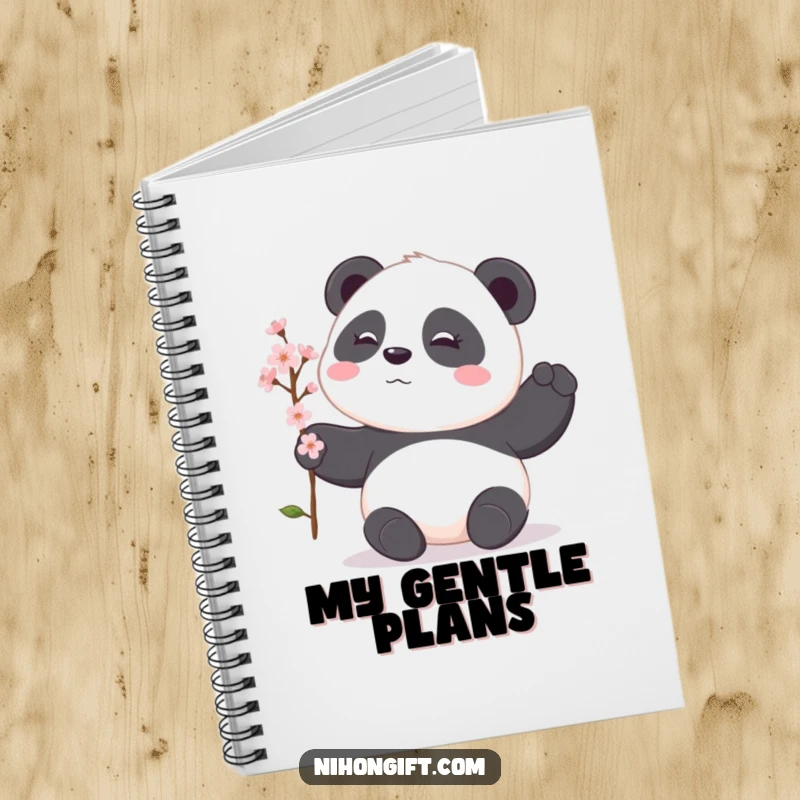 Funny panda notebook with a shy panda offering a cherry blossom branch, inspiring peaceful thoughts and organized writing.