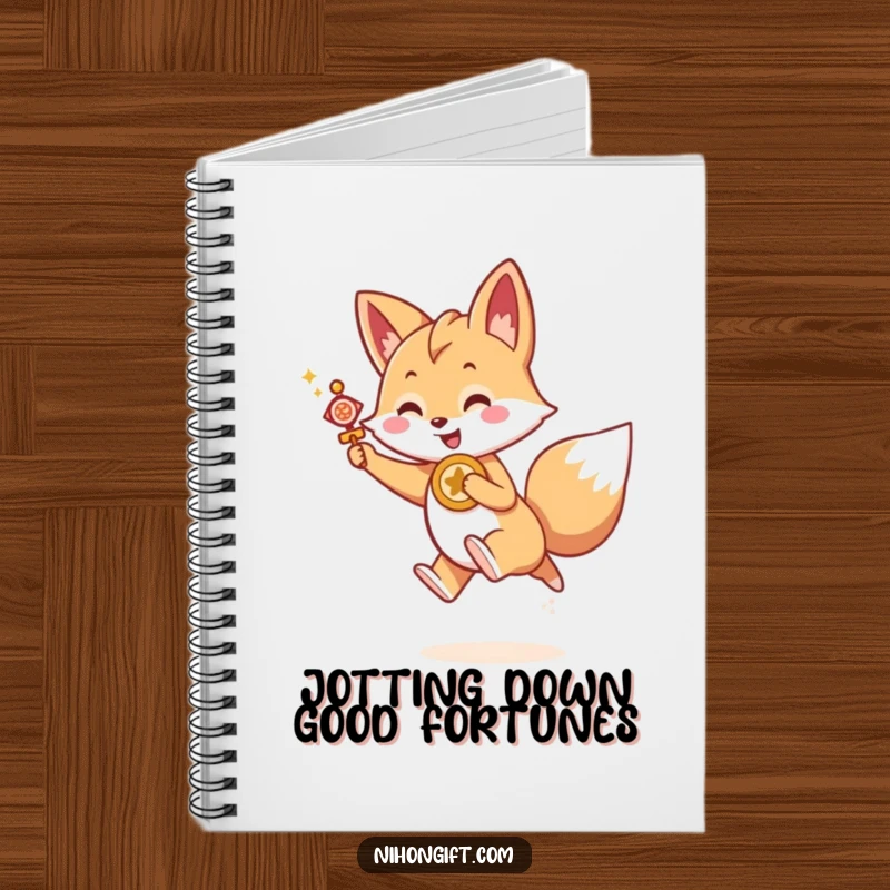 Funny Kawaii fox holding a lucky charm, joyfully leaping forward, on the cover of a notebook, ideal for funny gift.