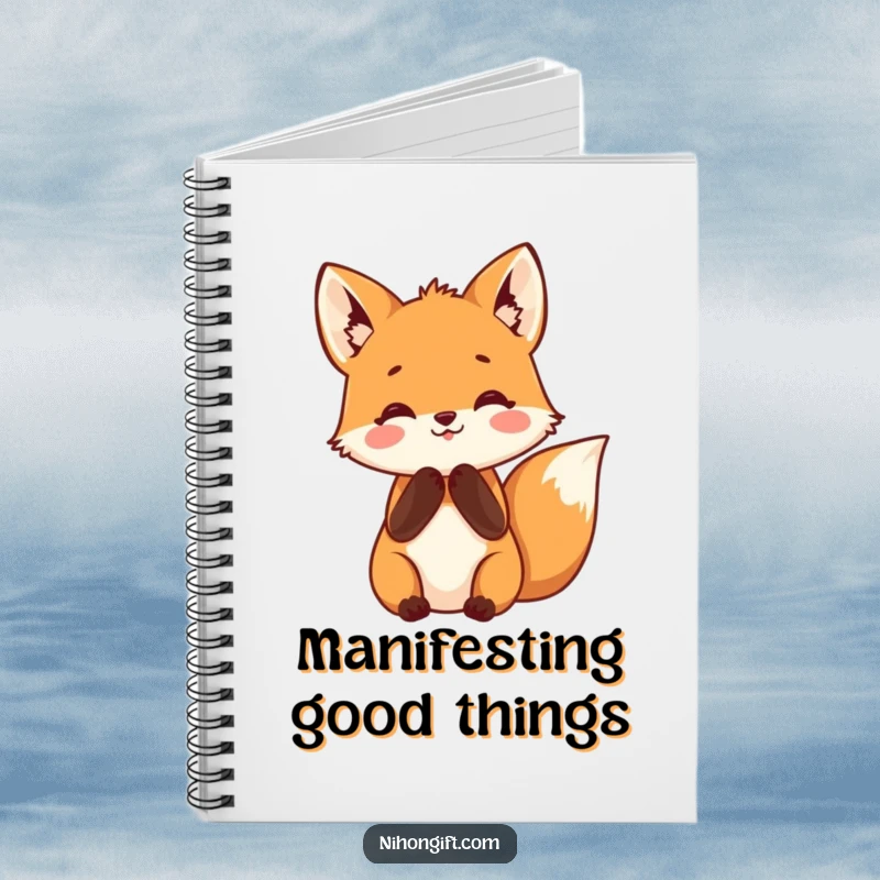 Funny fox notebook featuring a small fox with paws clasped in happy anticipation, perfect for journaling and humor.