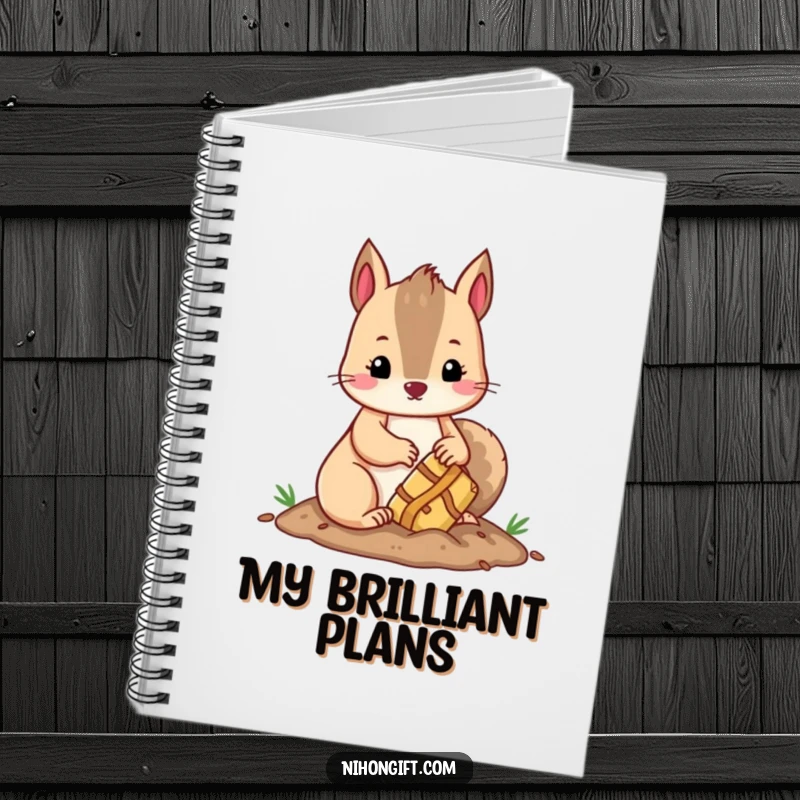 Funny kawaii squirrel burying a treasure, ready to hold secrets in a cute, humorous notebook.