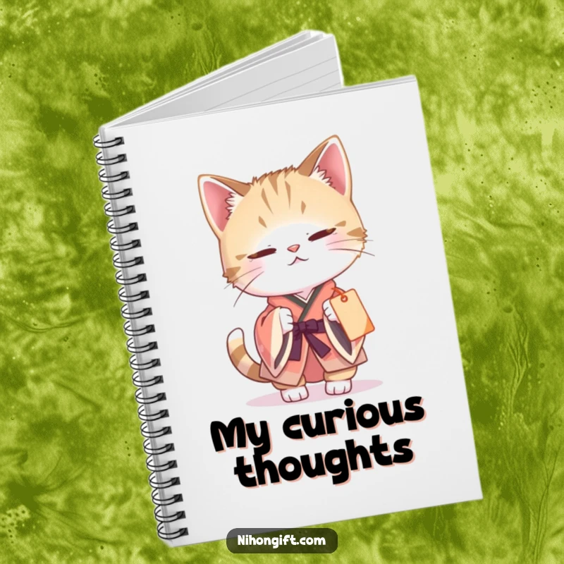 Funny cat kimono notebook with a curious cat batting at a gift tag, inspiring playful thoughts and organized writing.
