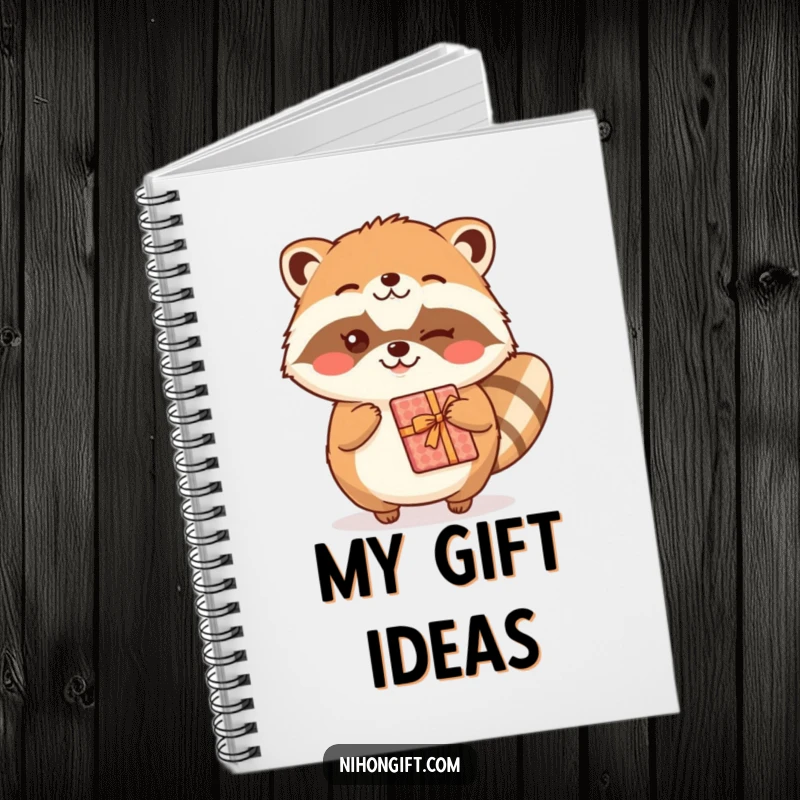 Funny kawaii tanuki character winking and offering a gift on a notebook cover, ready for ideas.