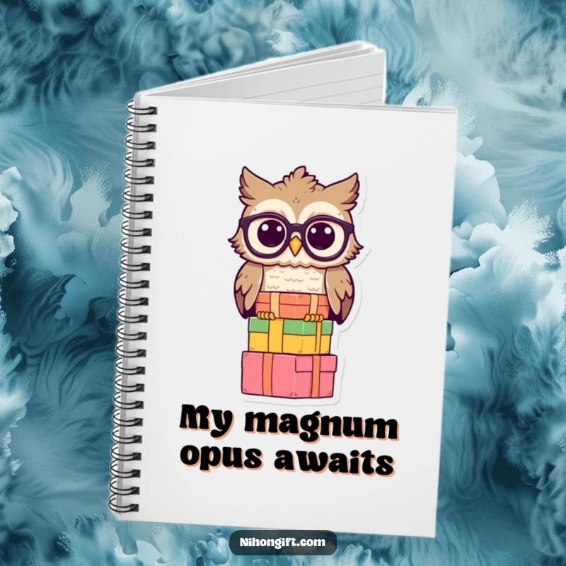 Owl notebook featuring a wise owl with spectacles balancing gift boxes, perfect for jotting notes.