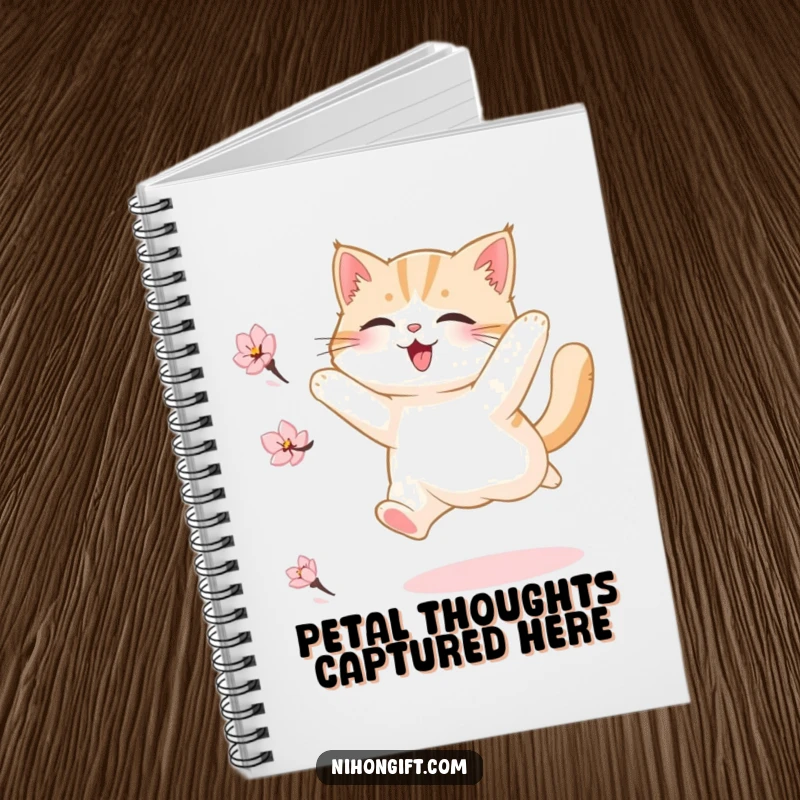 Funny notebook cover with a fluffy cat mid-leap, joyfully chasing a delicate cherry blossom petal, perfect for capturing ideas.