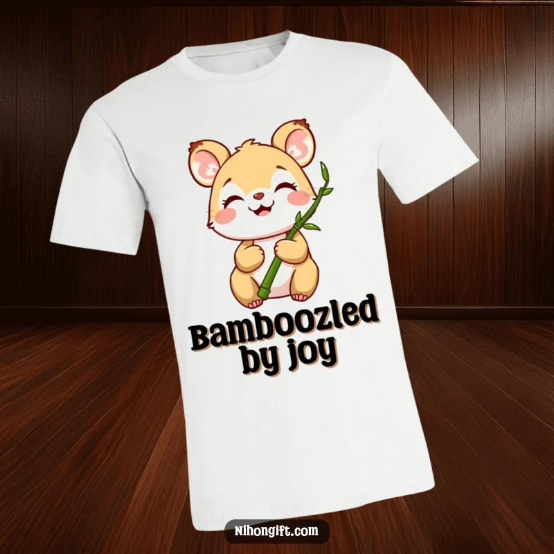 Funny t-shirt showing a happy animal with a joyful expression, holding a small bamboo stalk, symbolizing peace.
