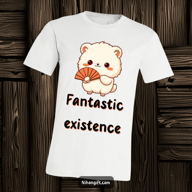 Funny t-shirt showcasing a small, fluffy animal presenting a traditional Japanese fan, perfect for a humorous fashion statement.