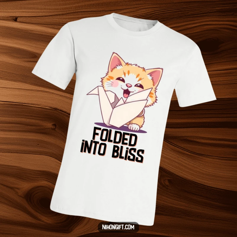 Funny cat t-shirt featuring a fluffy cat with an ecstatic expression peeking from behind a colorful origami crane.