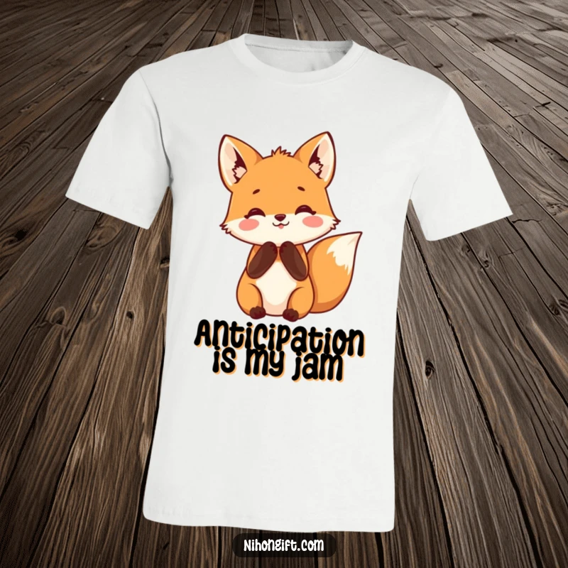 Funny fox t-shirt showing a small fox with paws clasped in happy anticipation, a humorous and cute design.