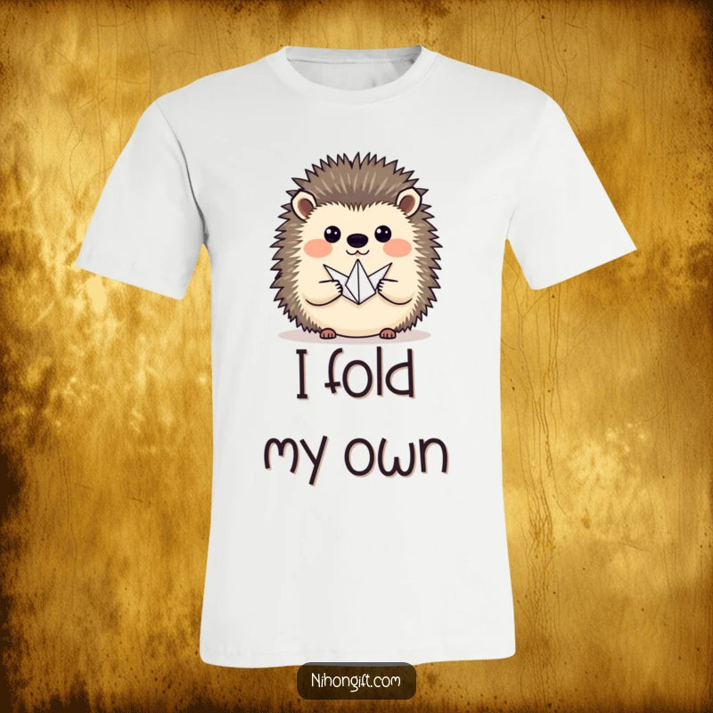 A funny hedgehog proudly presenting a tiny origami crane, printed on a comfortable t-shirt, celebrating craft.
