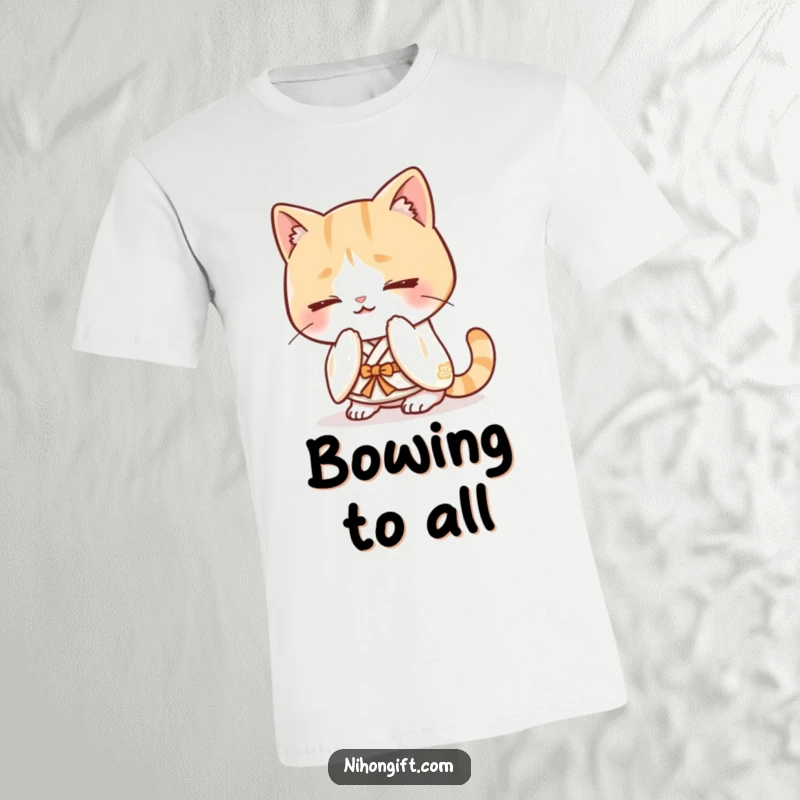 Funny kawaii cat character in a small kimono, bowing happily on a T-shirt.