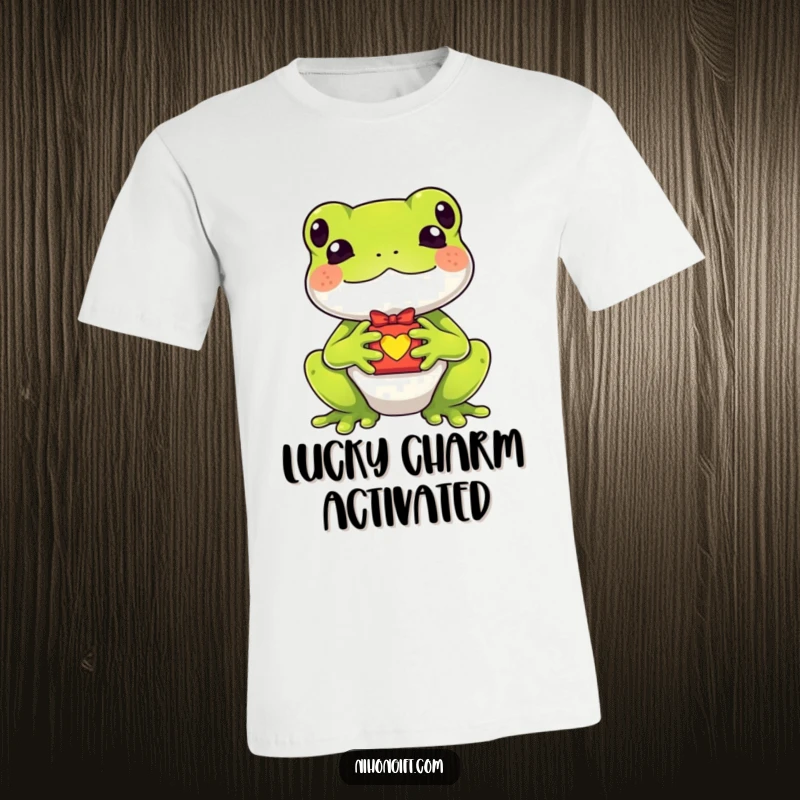 Funny kawaii frog holding a tiny lucky charm gift on a t-shirt, celebrating luck and whimsical charm.