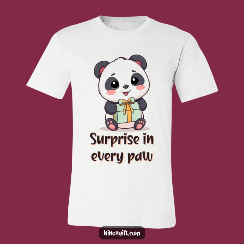 Funny Panda T-Shirt - Kawaii Bear Happily Offers a Wrapped Gift