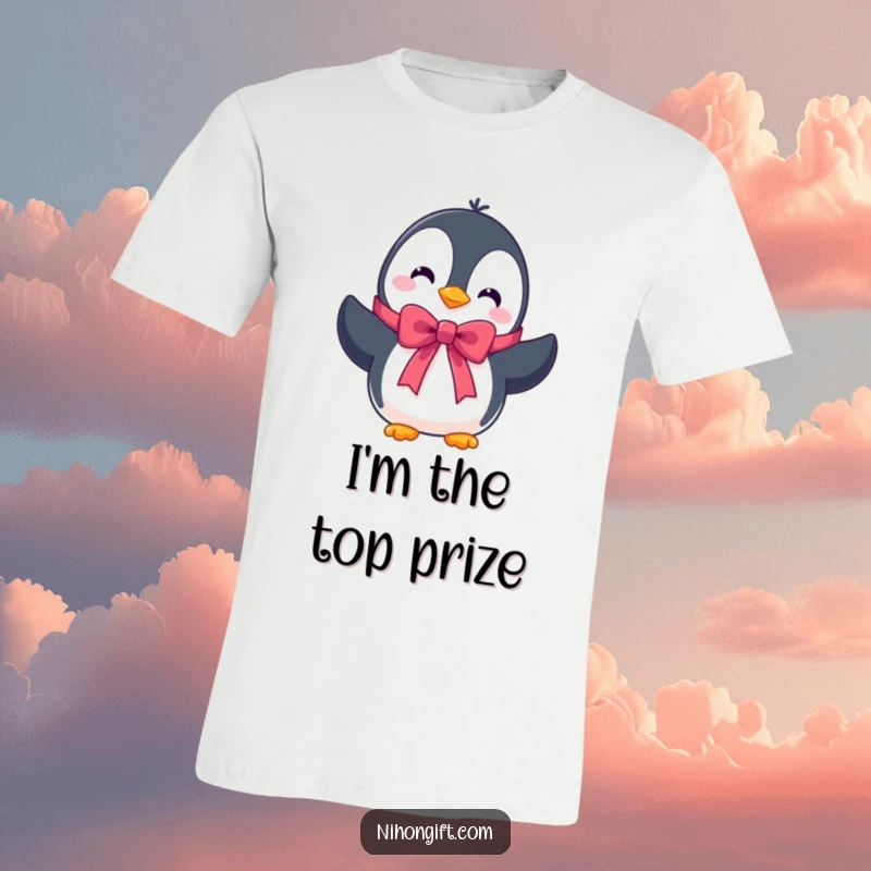 Funny t-shirt with a cute penguin character presenting a beautifully tied ribbon, celebrating gifts and winter wonder.