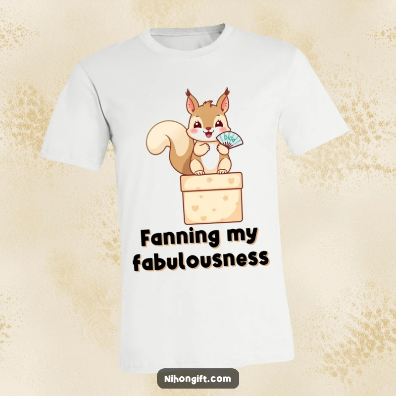 Funny squirrel t-shirt depicting a cheerful squirrel on a gift box holding a miniature fan, ideal for gift enthusiasts.