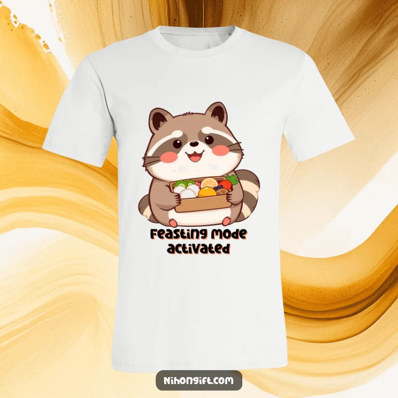 Funny kawaii tanuki wearing a happy expression, holding a beautifully presented bento on a t-shirt, perfect for food humor.