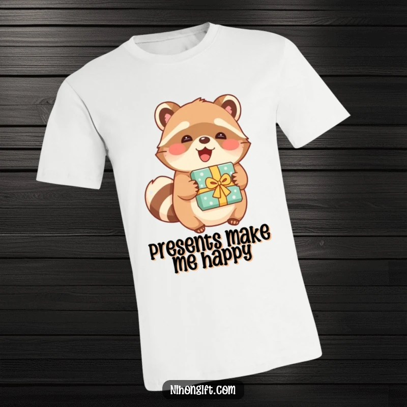 Funny tanuki wearing a t-shirt, gleefully holding a beautifully wrapped present, embodying playful delight.