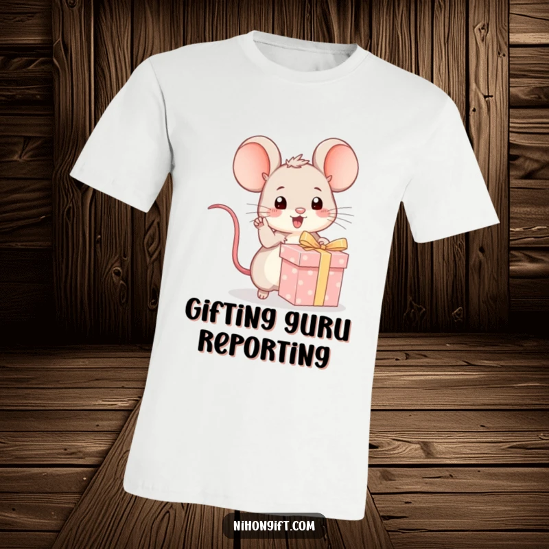 Funny kawaii mouse enthusiastically pointing at a wrapped gift on a t-shirt, great for gift-themed occasions.