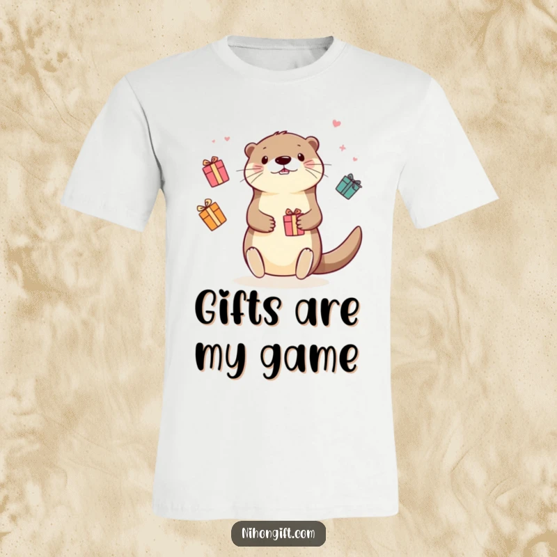 Funny Kawaii Otter T-Shirt: Adorable otter artistically juggling vibrant gift boxes, showcasing pure delight and playful action.