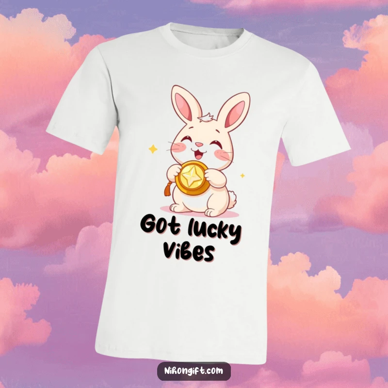 Funny t-shirt with a happy bunny presenting a shiny, auspicious trinket, radiating positive energy and humor.